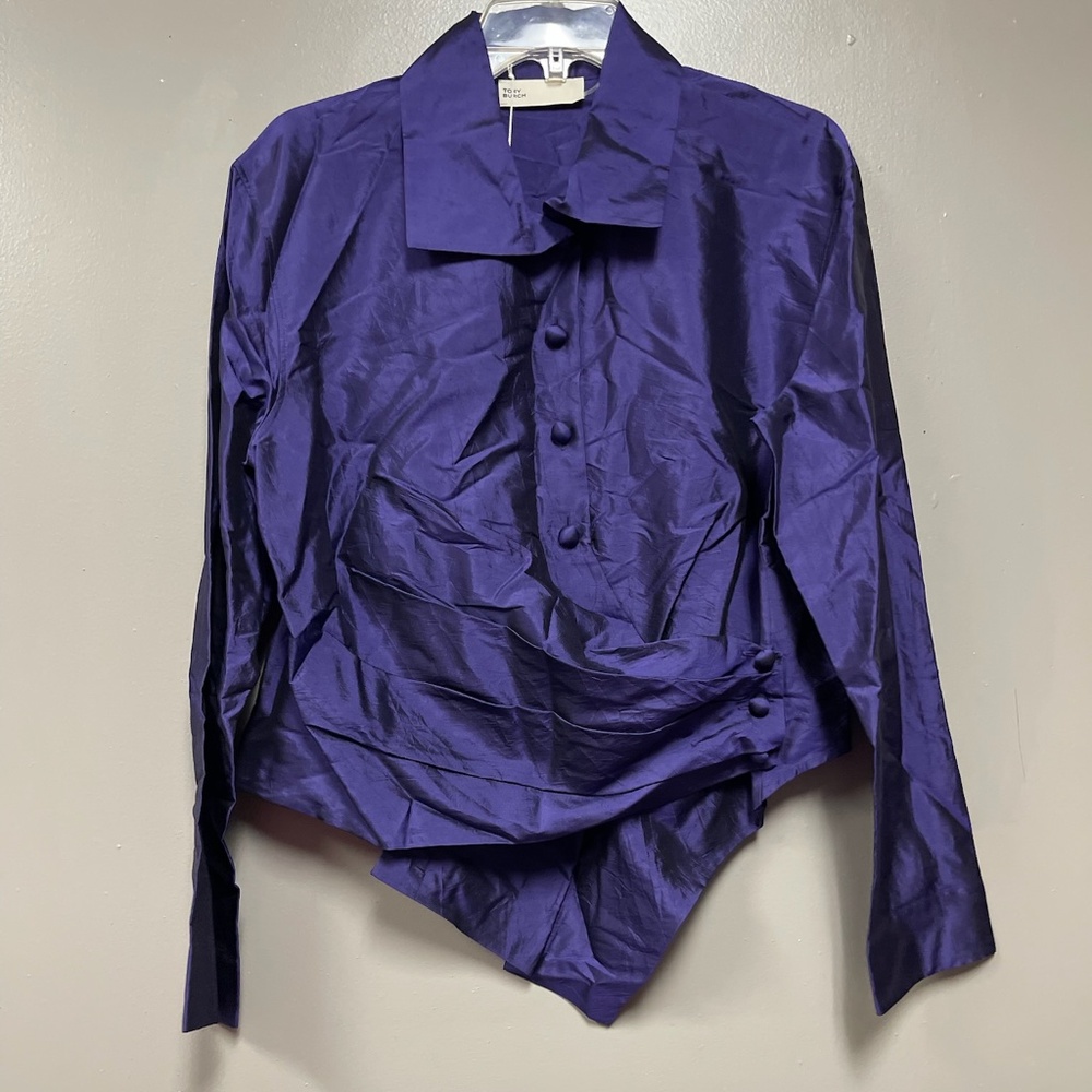 Tory Burch Iridescent Aubergine Taffeta Wrap Shirt Size 14
